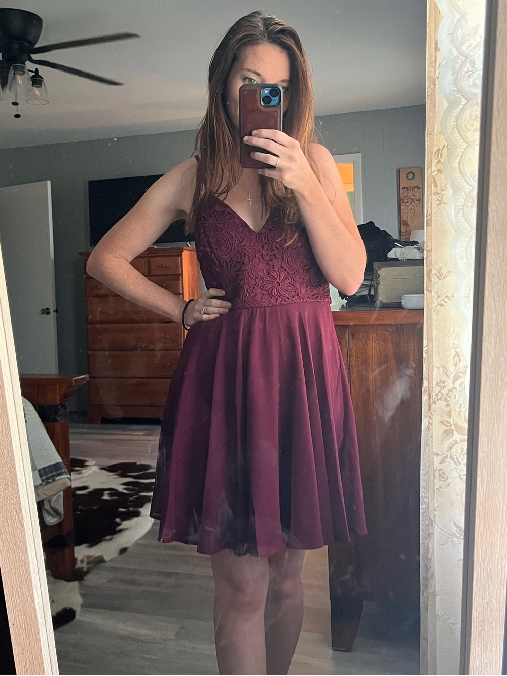 Lulu's Burgundy Lace Bodice Fit-and-Flare Mini Dress